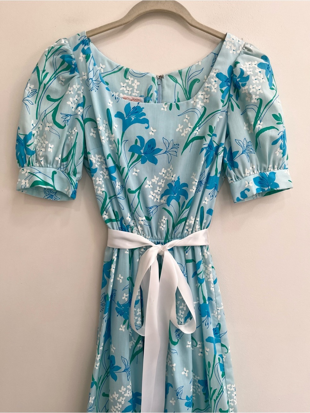 Vintage Lilly Pulitzer 80’s cotton midi dress light blue floral basket weave hem - Picture 5 of 16
